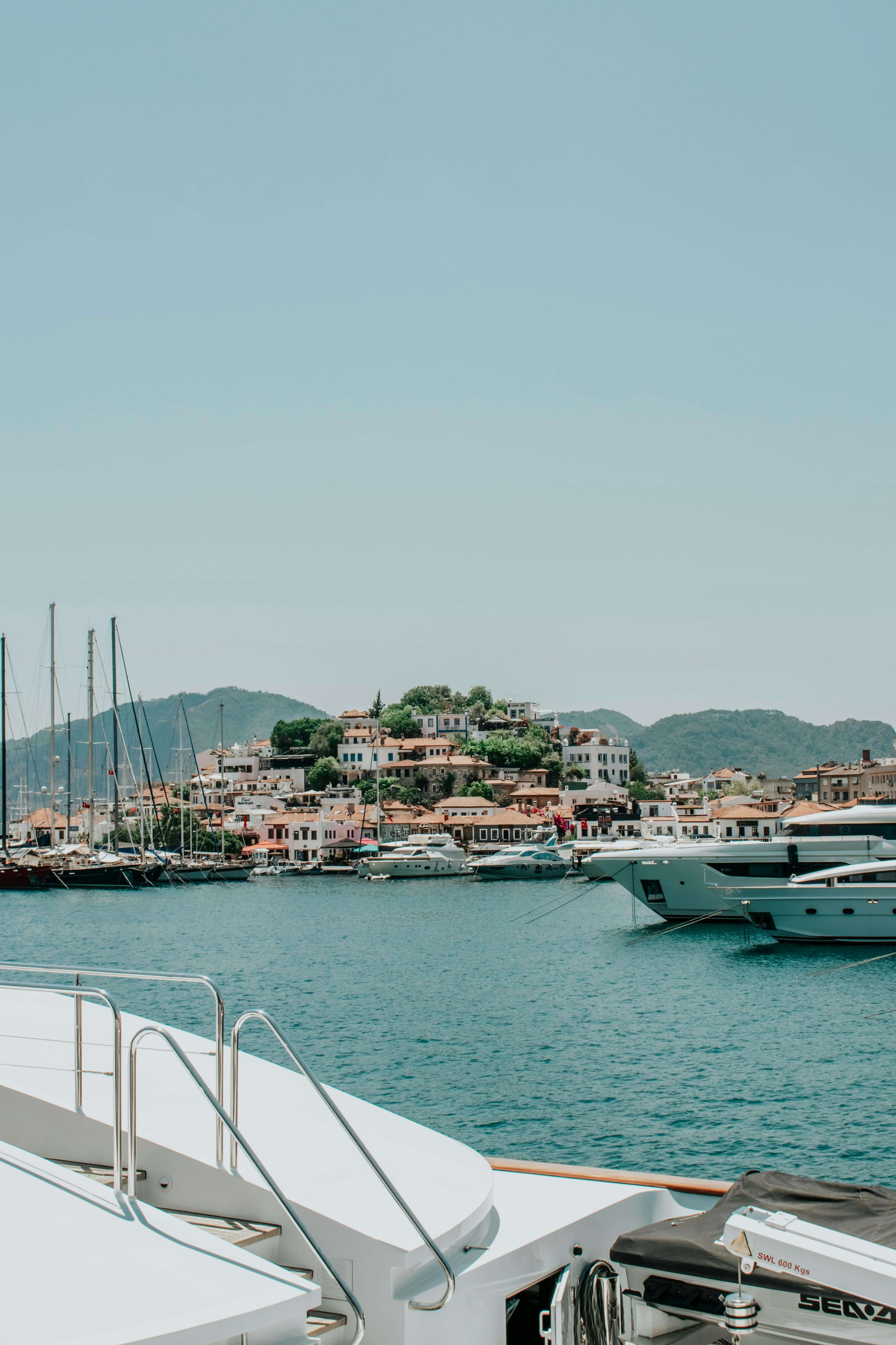 Aerial view of yacht on turquoise water