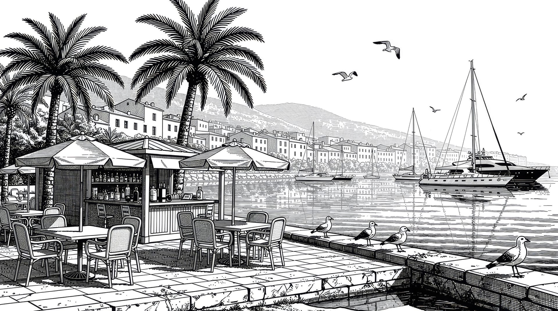 Ink engraving of a Mediterranean harbour waterfront with a beach bar, cafe tables and moored yachts