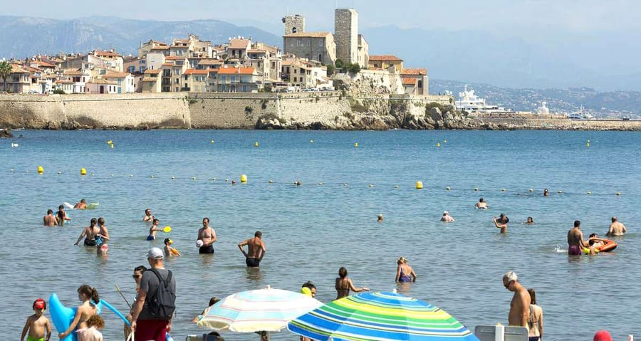 Sunny beachfront with palm trees on the French Riviera.