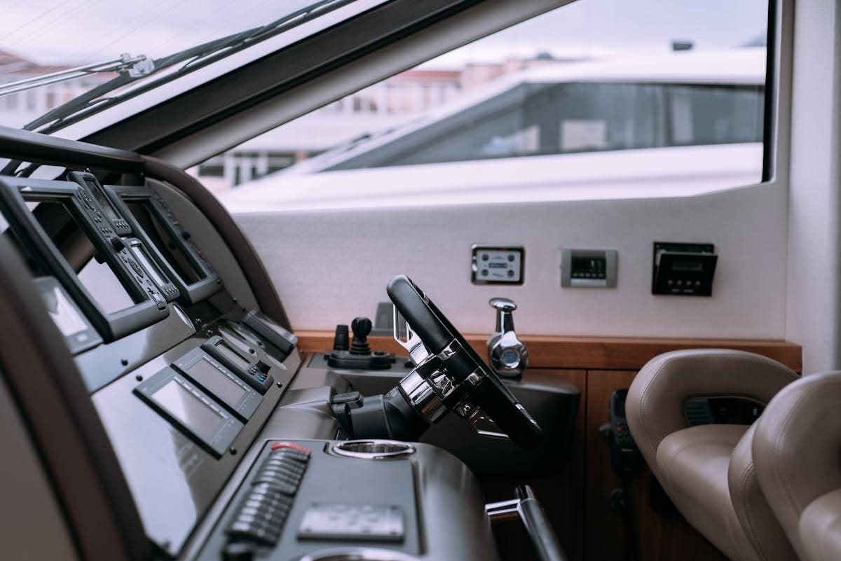 Luxury yacht interior with hardwood and natural light