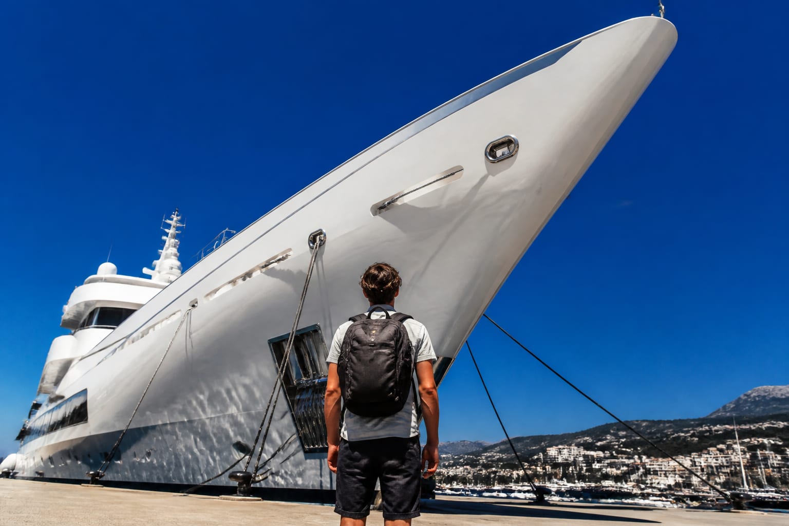A young crew member with a backpack standing on the quay, looking up at the bow of a moored superyacht